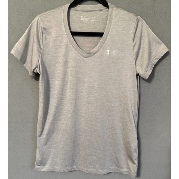 Under Armour T Shirt HeatGear Women Medium Gray V Neck Loose Fit Short Sleeve - Picture 1 of 14